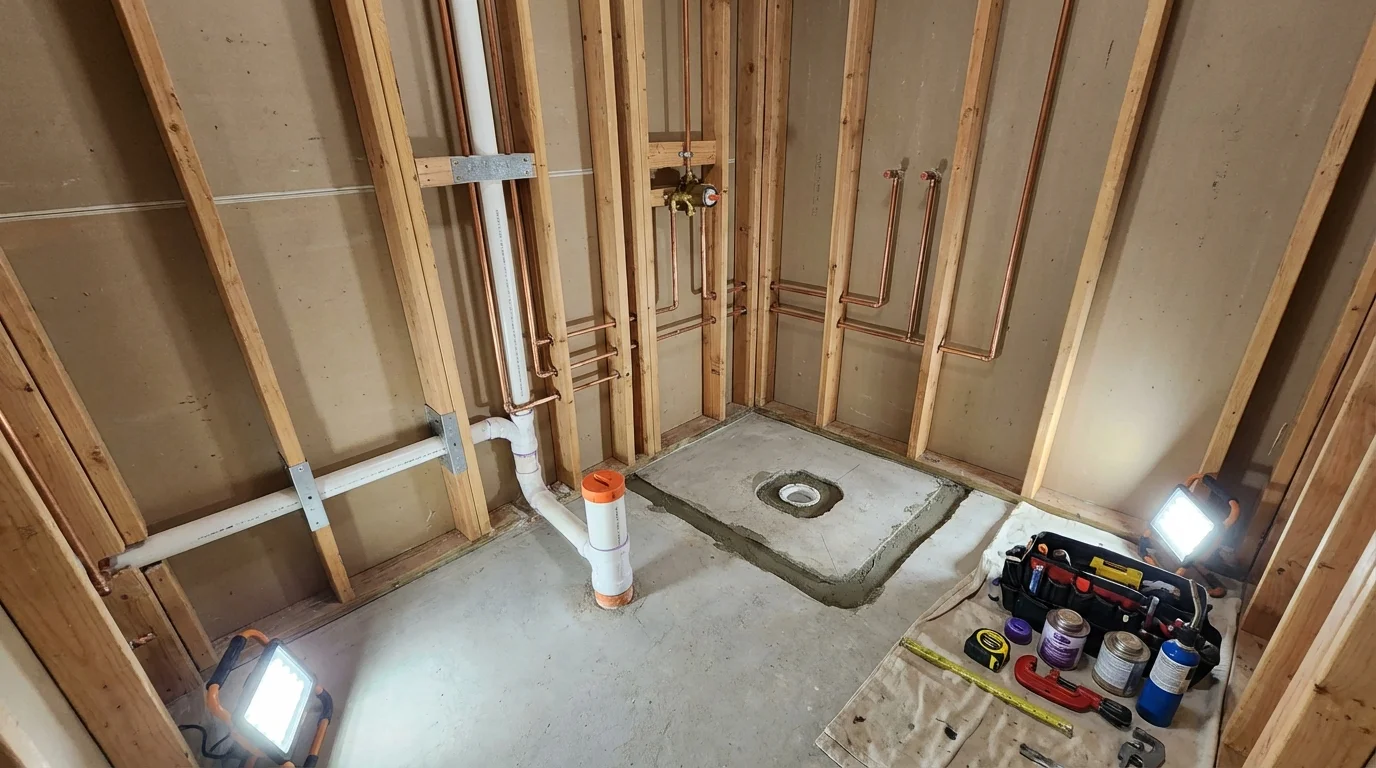 Bathroom rough-in plumbing during remodel by Johns Plumbing LLC in Frederic