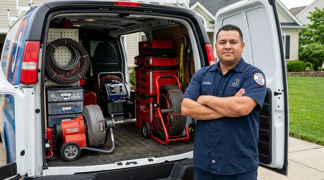 Professional drain cleaning equipment and Johns Plumbing LLC plumber in Frederic