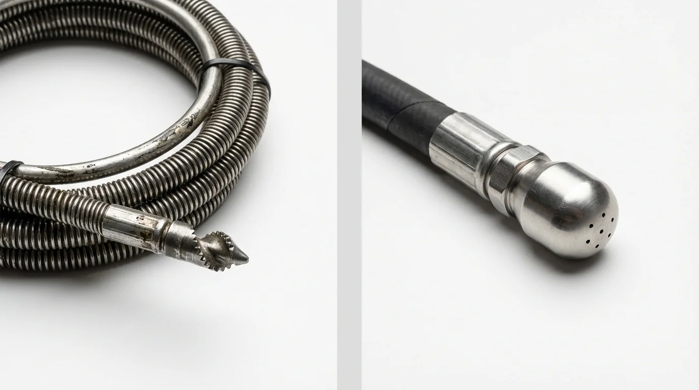 Drain snake cable and hydro jetting nozzle used for drain cleaning in Frederic, WI