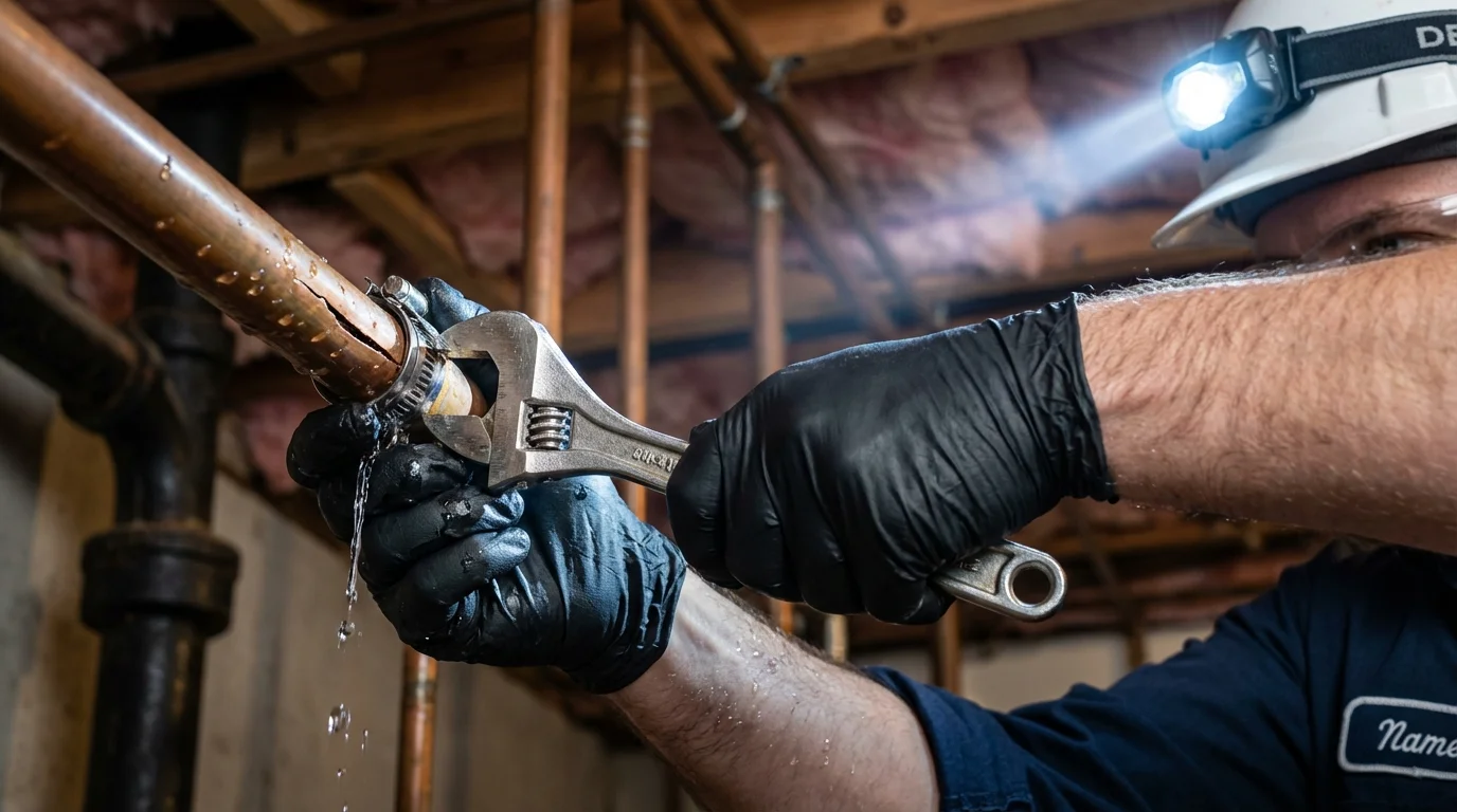 Emergency pipe clamp repair being performed by a Johns Plumbing LLC plumber in Frederic