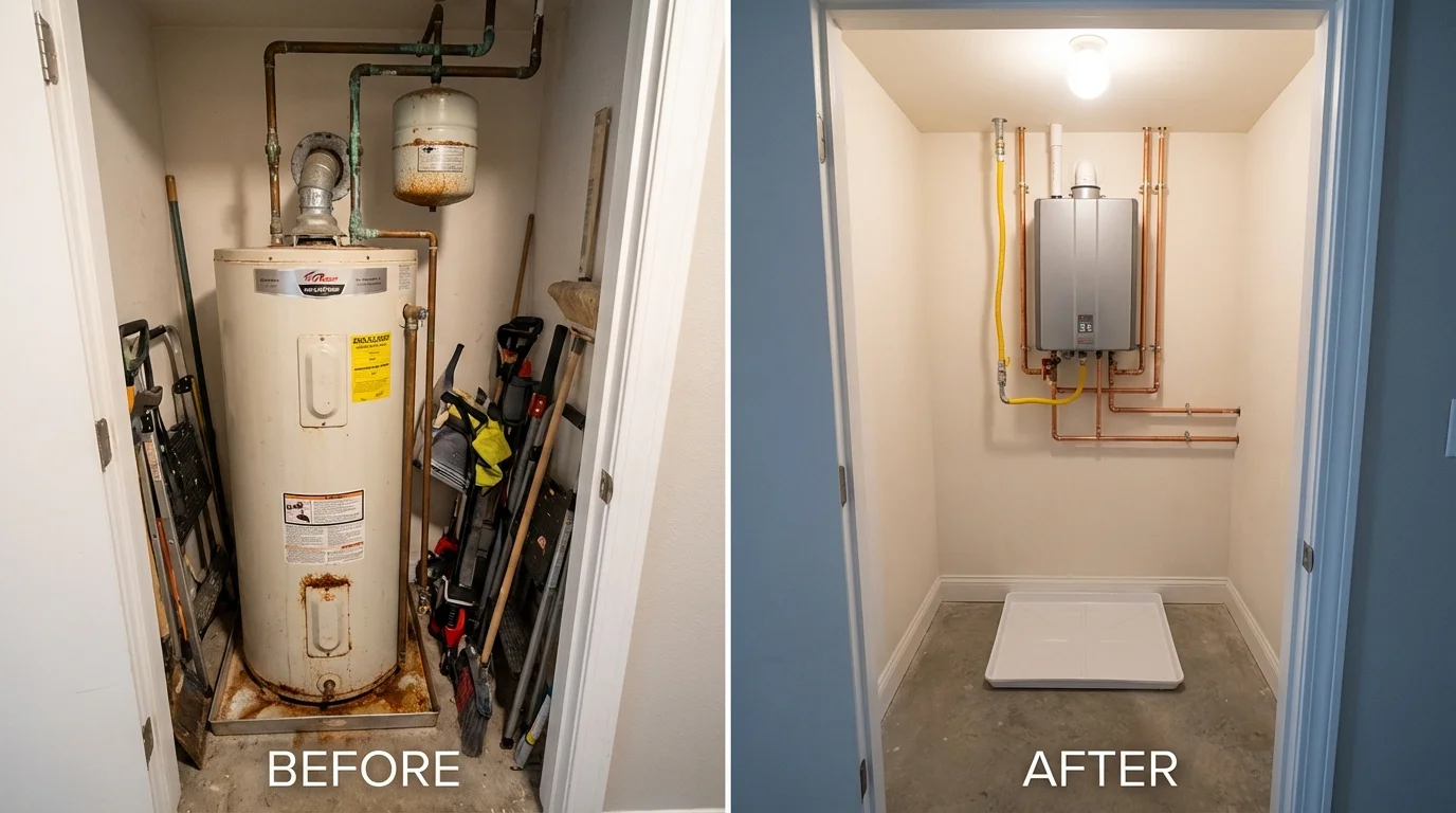 Tank water heater versus wall-mounted tankless unit comparison for Frederic, WI homeowners