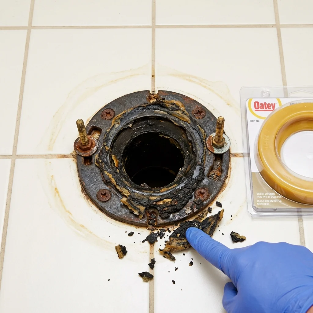 Failed wax ring showing water seepage at the base of a toilet in a Frederic, WI home