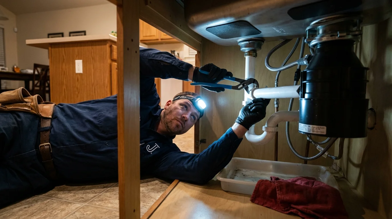 P-trap and supply line connections under a kitchen sink showing a common leak point in Frederic, WI